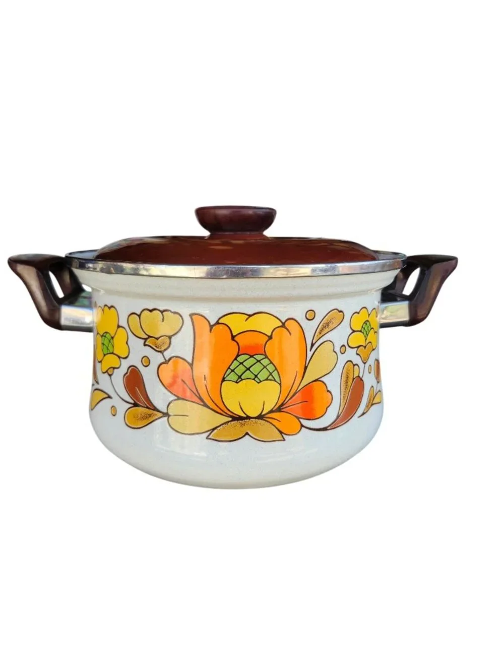 Vintage 1970s Sanko Ware Country Flowers Enamel Pots Set of 2 + Lids Japan